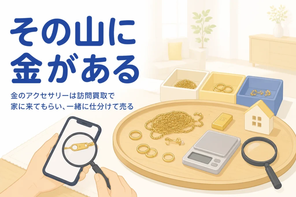 絡まった金のアクセサリーを白い布に広げ、3つの箱に仕分けているアイキャッチ