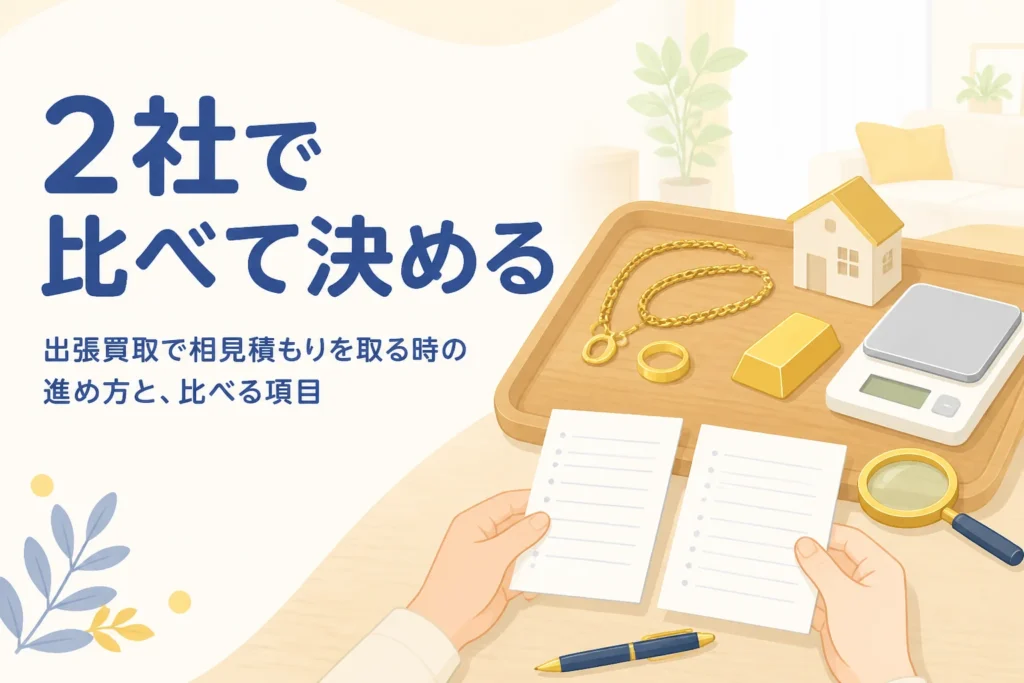 出張買取で相見積もりを取る様子を示すアイキャッチ。金のネックレスの横に2枚の明細メモが並んでいる