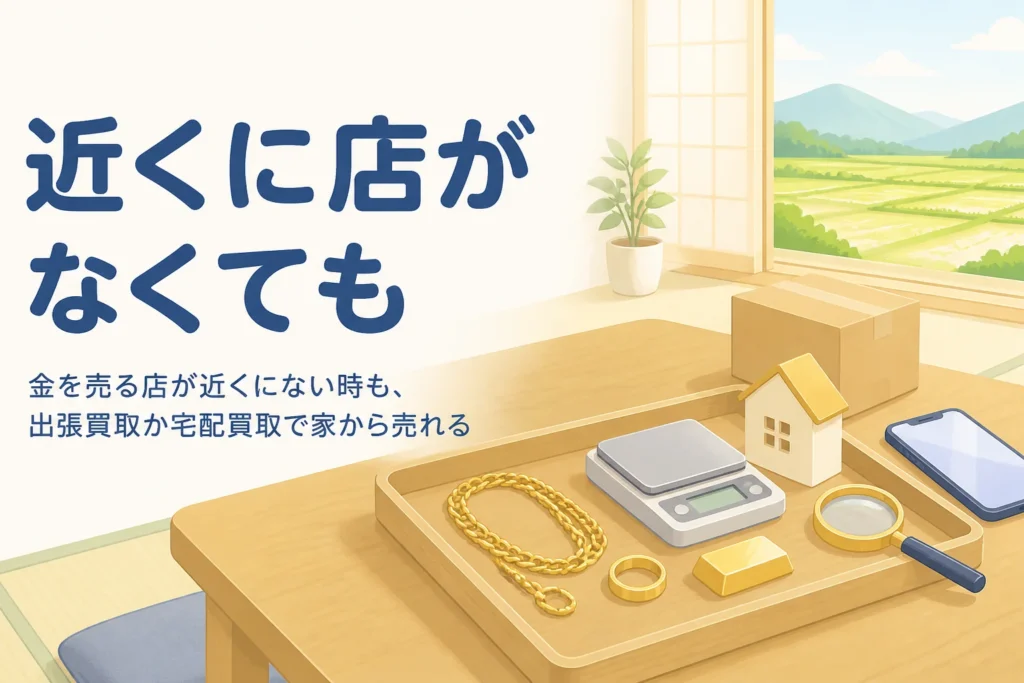 近くに店がない地方で金を売る方法を示すアイキャッチ。座卓に金のネックレスと小さな箱、スマートフォンが置かれている
