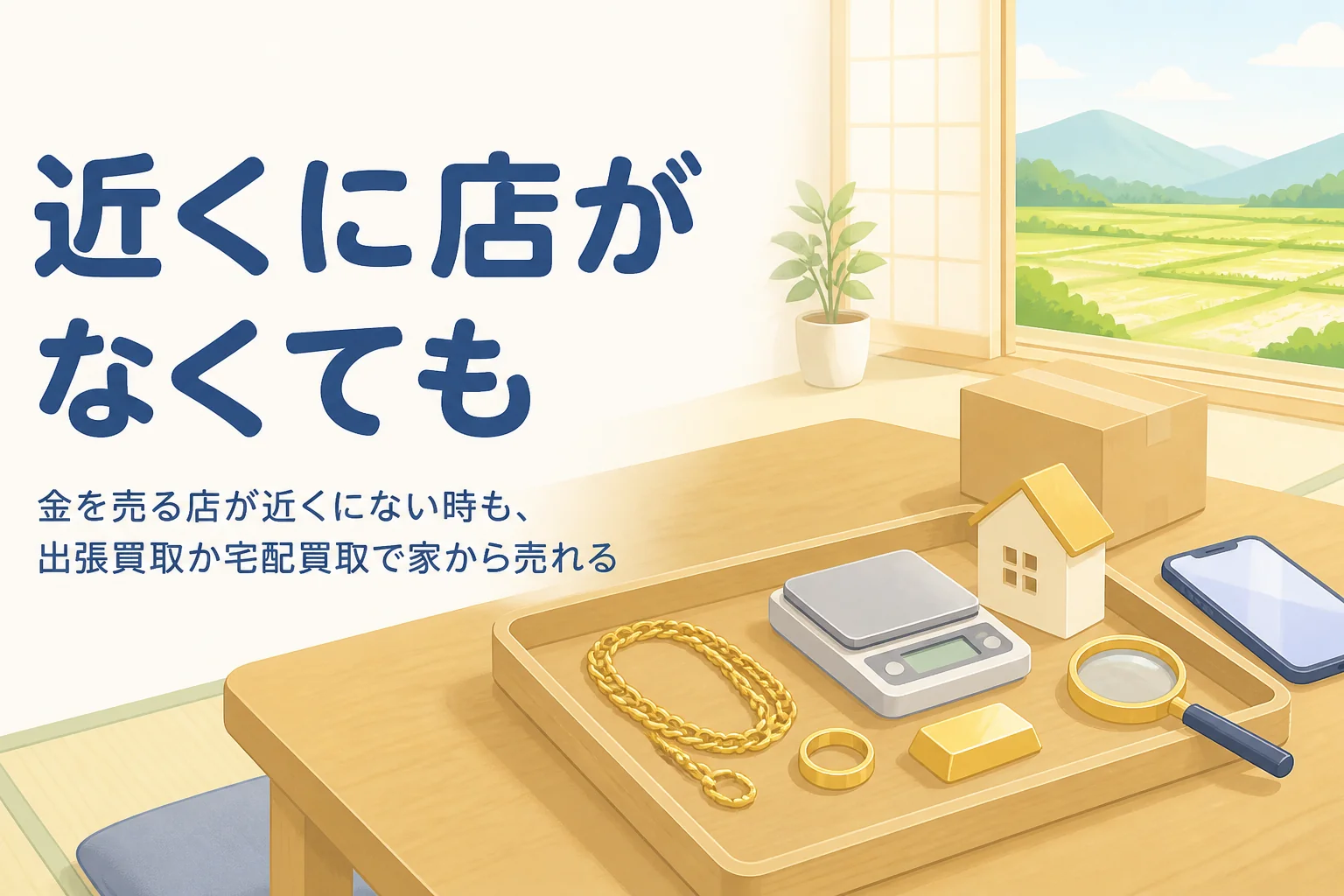 近くに店がない地方で金を売る方法を示すアイキャッチ。座卓に金のネックレスと小さな箱、スマートフォンが置かれている
