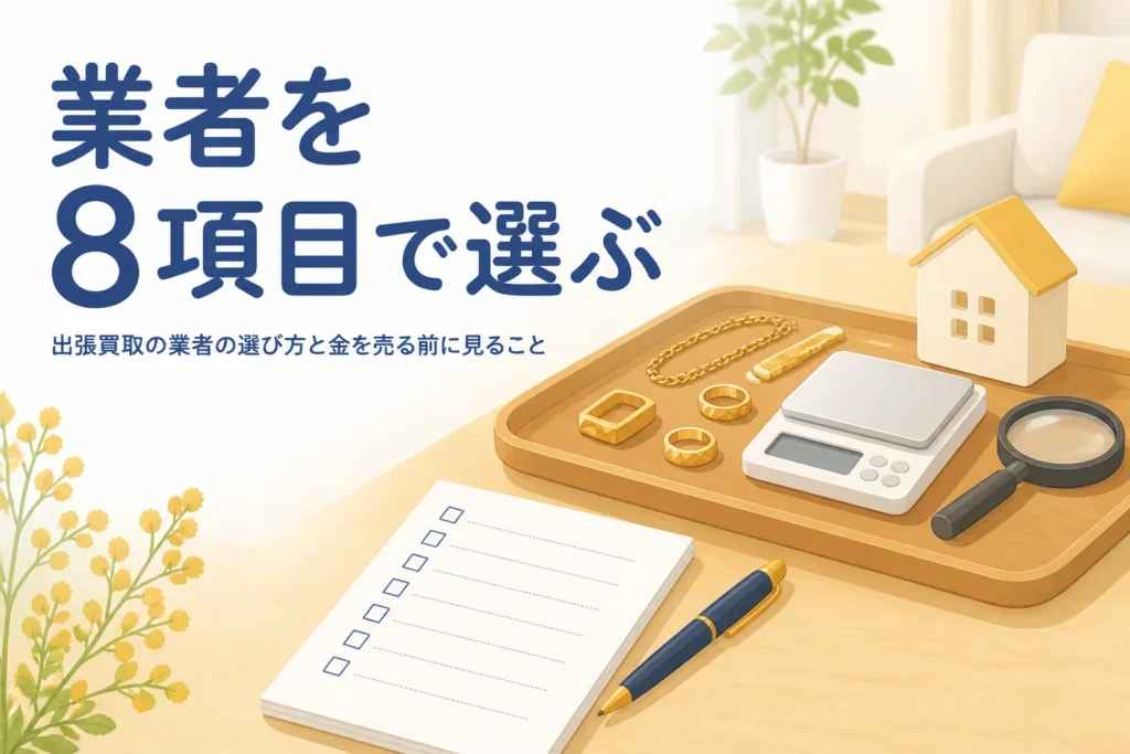 出張買取の業者の選び方として金を売る前に見る8つの項目を紹介する記事のアイキャッチ