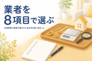 出張買取の業者の選び方として金を売る前に見る8つの項目を紹介する記事のアイキャッチ