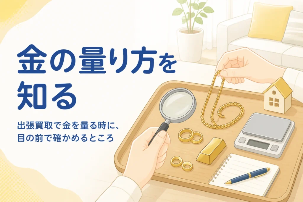 出張買取で金を量るはかりと刻印を確かめるイラスト