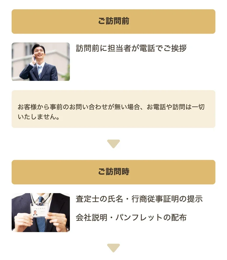 バイセル公式サイトの出張買取ページで訪問前と訪問時の流れを説明した画面