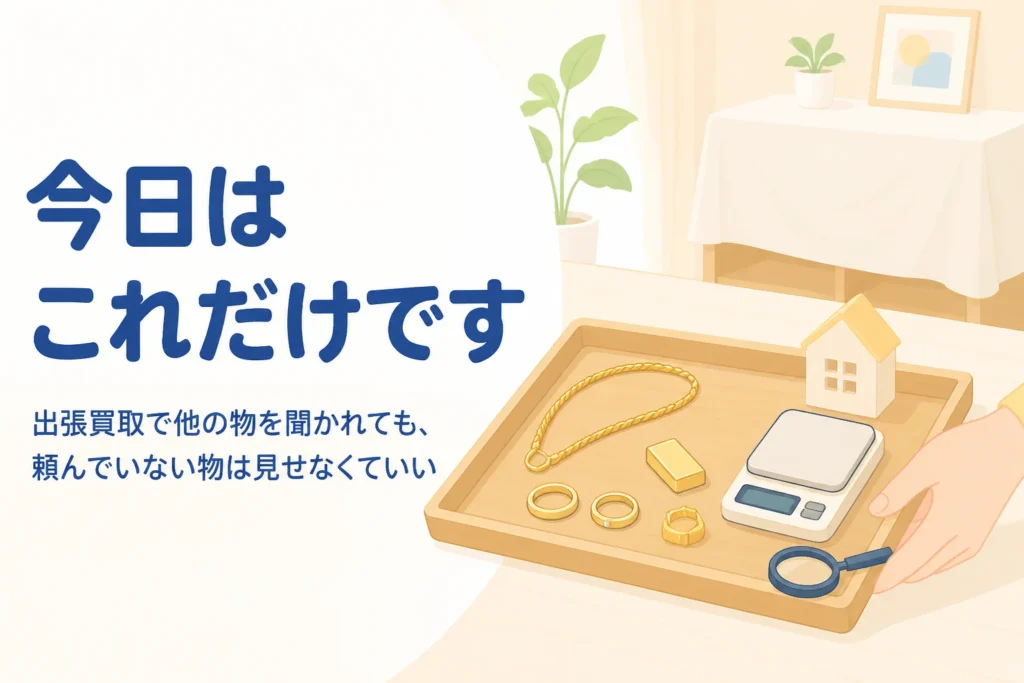 出張買取で他の物を聞かれた時の伝え方を示すアイキャッチ。トレーに売る金のネックレスと指輪だけが並んでいる