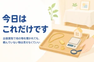出張買取で他の物を聞かれた時の伝え方を示すアイキャッチ。トレーに売る金のネックレスと指輪だけが並んでいる