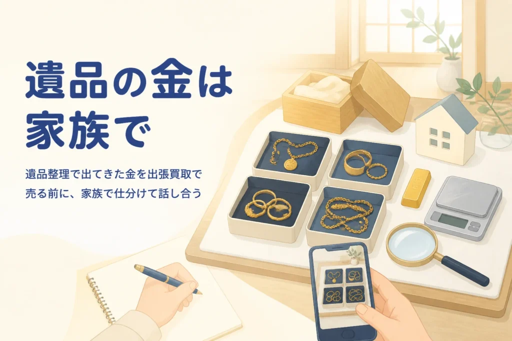 遺品から出てきた金のアクセサリーを座卓で箱に仕分け、写真とメモで記録しているアイキャッチ