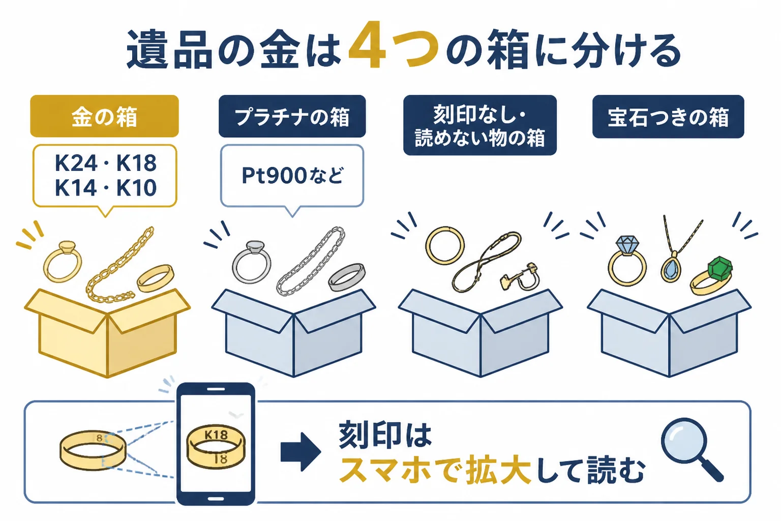遺品から出てきたアクセサリーを金・プラチナ・分からない・宝石つきの4つの箱に分ける図解