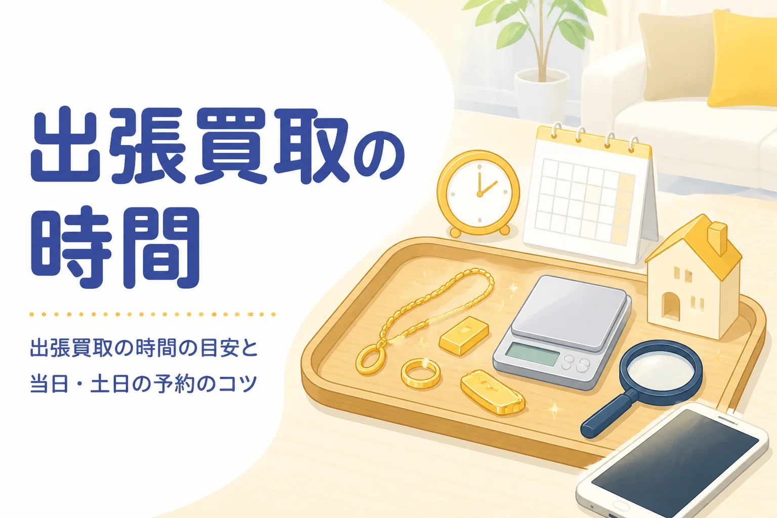 金の出張買取にかかる時間と当日・土日の予約を紹介する記事のアイキャッチ
