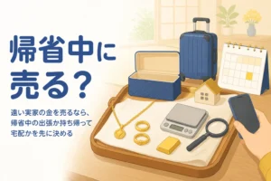 実家の座卓に古い小箱から出した金の指輪とネックレスが並び、横に旅行かばんがあるアイキャッチ