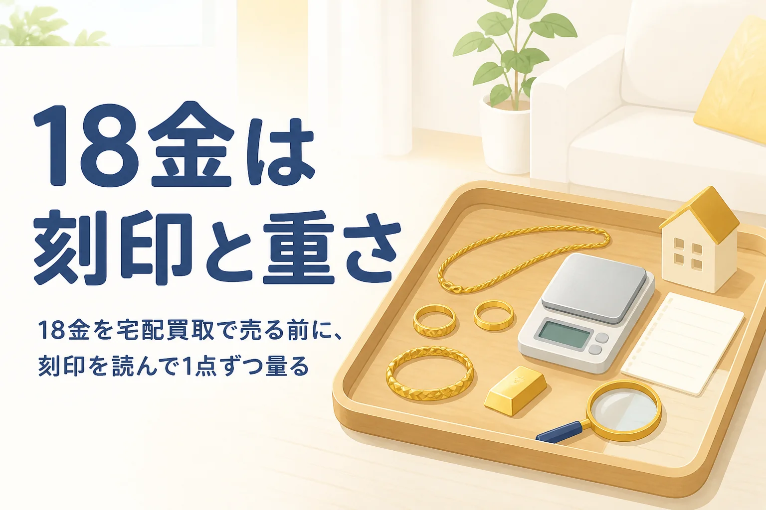 18金を宅配買取で売る前に刻印と重さを確かめるイメージのイラスト