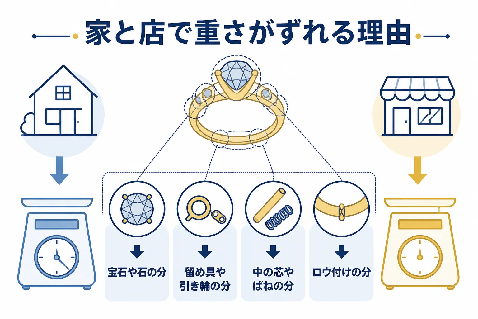 18金の家の重さと店の重さがずれる理由の図解
