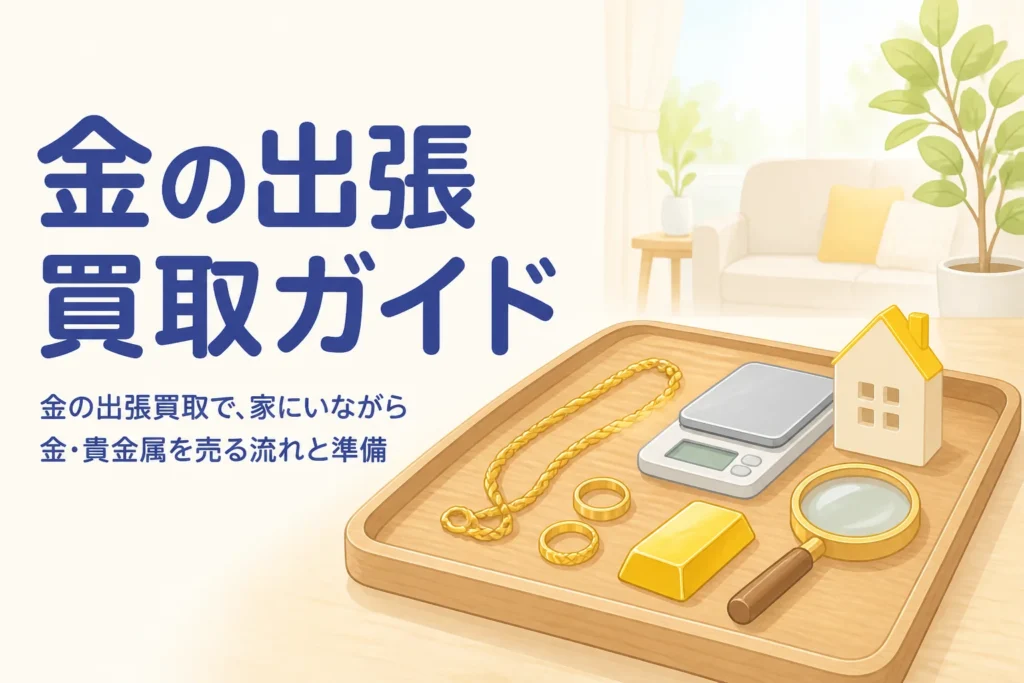 金の出張買取ガイドのアイキャッチ。リビングのテーブルに金のネックレスや指輪、はかりとルーペが置かれている