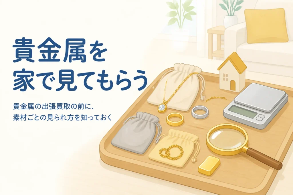 貴金属の出張買取で見てもらう金・プラチナ・宝石つきジュエリーのイラスト