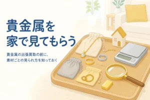 貴金属の出張買取で見てもらう金・プラチナ・宝石つきジュエリーのイラスト