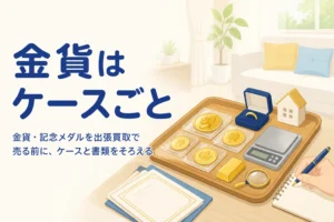 ケースに入った金貨と記念メダルを証明書と一緒にテーブルに並べたアイキャッチ