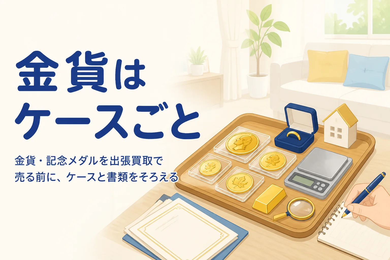 ケースに入った金貨と記念メダルを証明書と一緒にテーブルに並べたアイキャッチ