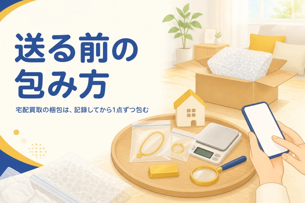 宅配買取で金・貴金属を梱包するイメージのイラスト