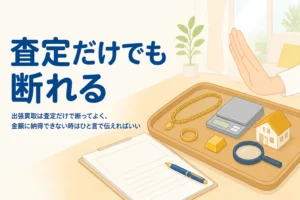 出張買取を査定だけで断る時の伝え方を示すアイキャッチ。テーブルに金の指輪と書類が置かれている