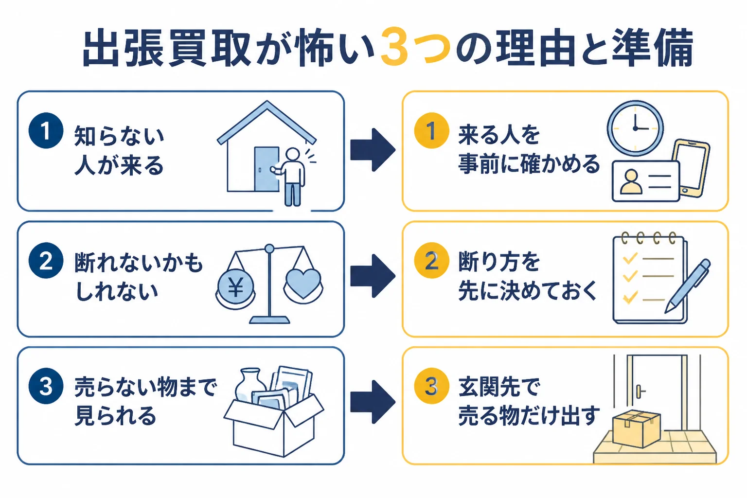 出張買取が怖いと感じる3つの理由と準備の図解