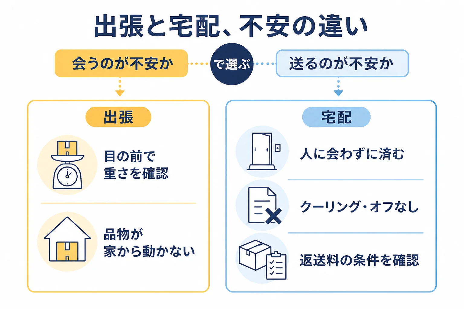 出張買取と宅配買取の不安の違いと選び方の図解