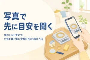金のLINE査定で写真を送って目安を聞く様子を示すアイキャッチ。はかりにのせた金のネックレスをスマートフォンで撮っている