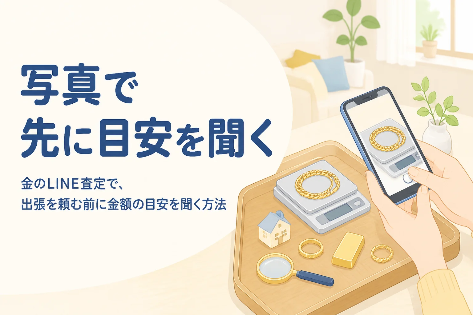 金のLINE査定で写真を送って目安を聞く様子を示すアイキャッチ。はかりにのせた金のネックレスをスマートフォンで撮っている