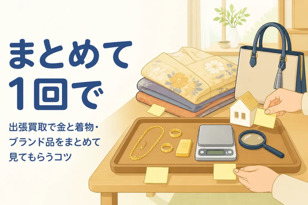 金のアクセサリーと着物とバッグを品目ごとに分けて座卓に並べたアイキャッチ