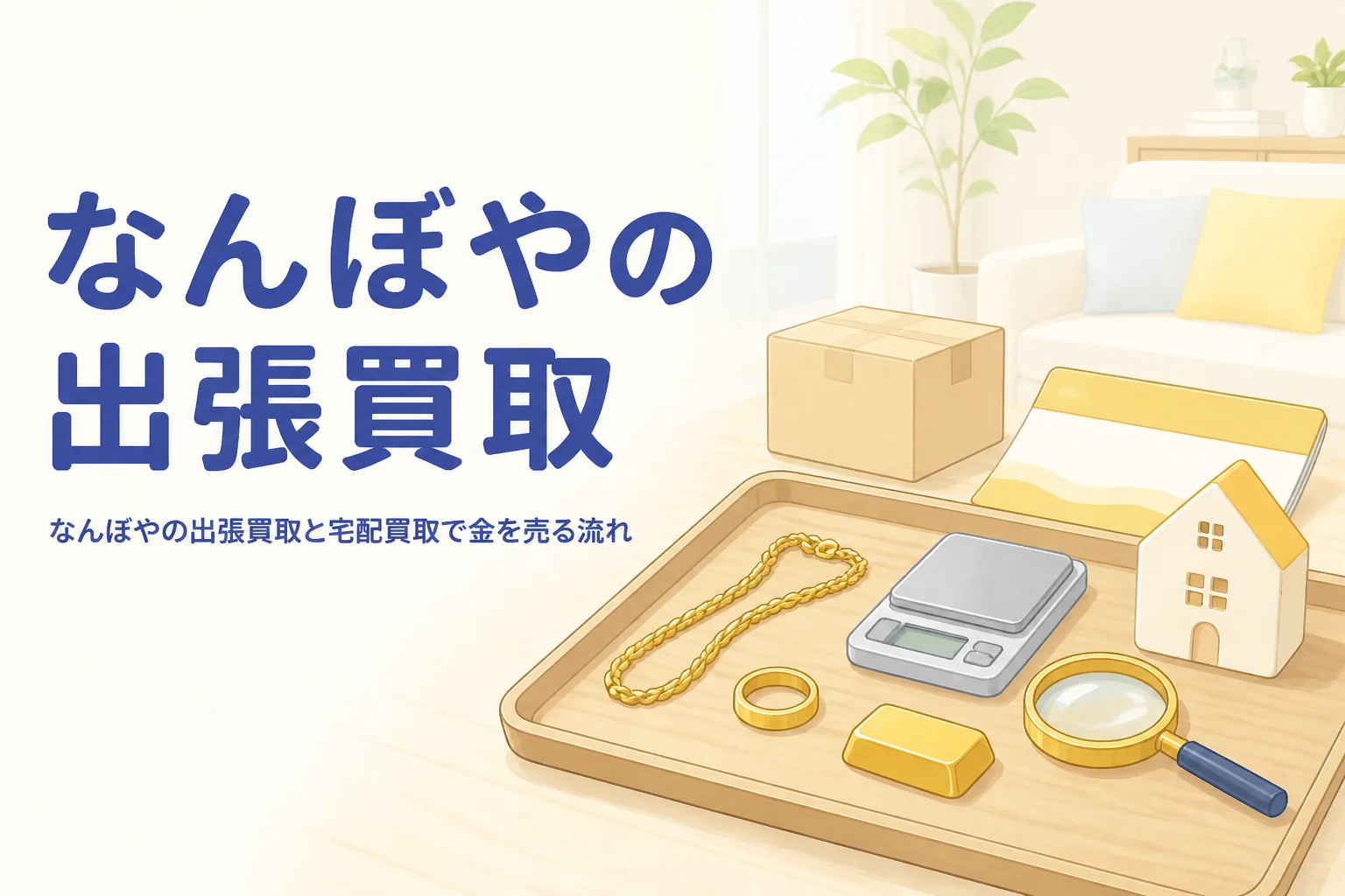 なんぼやの出張買取と宅配買取で金を売る流れを紹介する記事のアイキャッチ