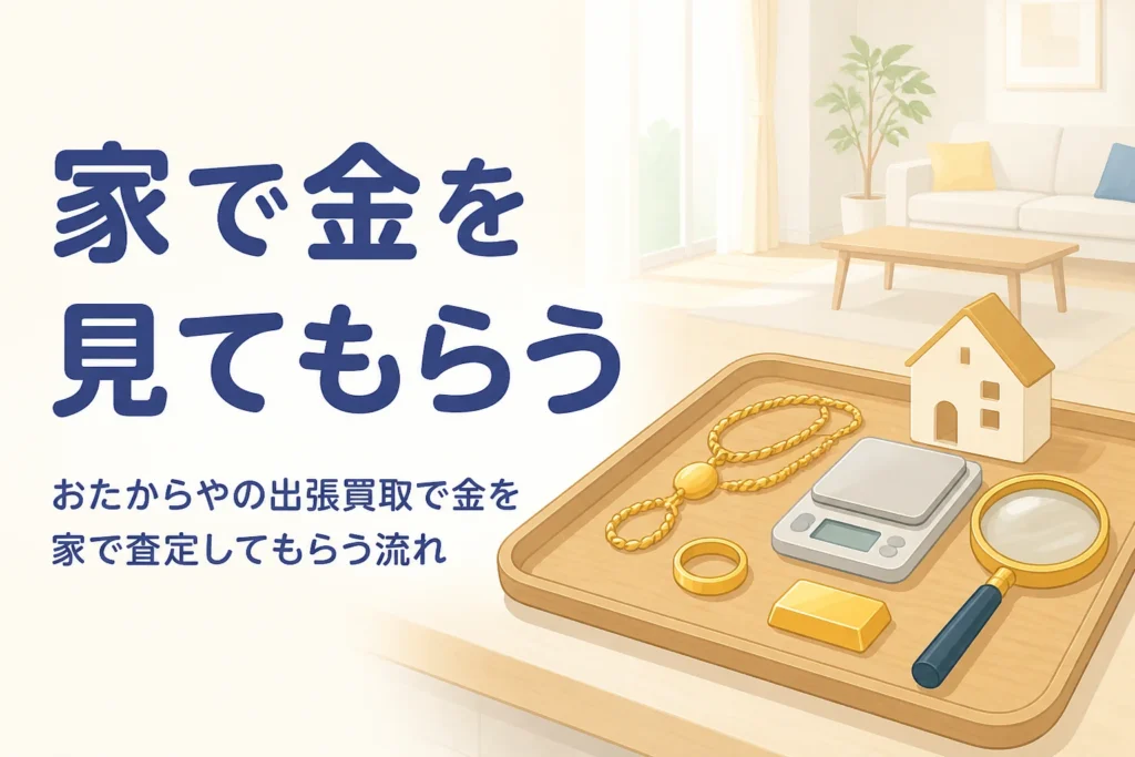 おたからやの出張買取で金を家で査定してもらう流れを紹介する記事のアイキャッチ
