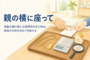 高齢の親と家族が座卓でトレーの金のアクセサリーとメモを一緒に確かめているアイキャッチ