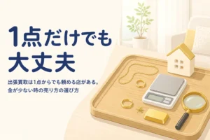 金が1点だけでも出張買取に来てもらえるかを示すアイキャッチ。トレーに金の指輪とピアスが1つずつ置かれている