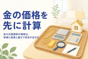 金の出張買取の価格を重さと純度で計算するイメージのイラスト