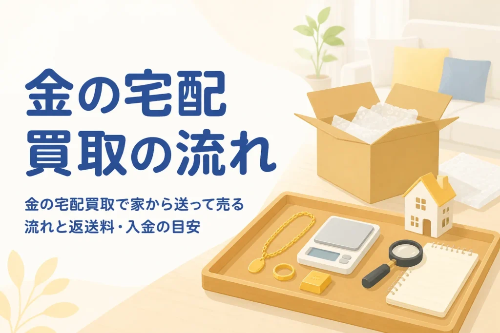 金の宅配買取で家から送って売る流れと送料・返送料・入金の目安を紹介する記事のアイキャッチ