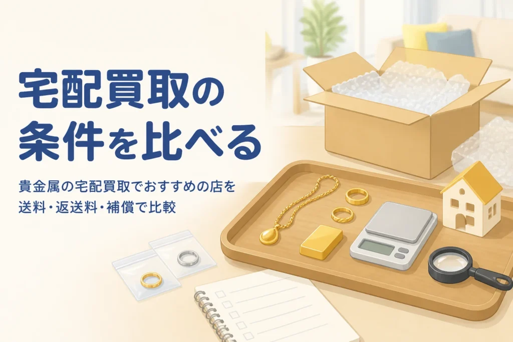 貴金属の宅配買取でおすすめの店を送料・返送料・補償で比較する記事のアイキャッチ