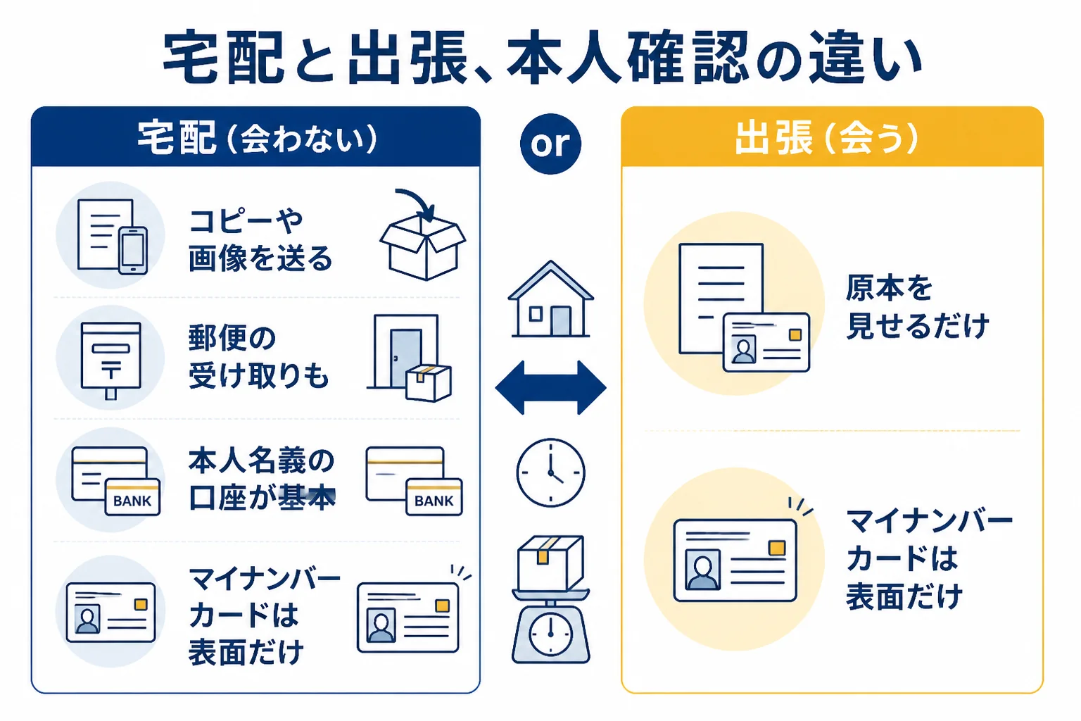 宅配と出張で本人確認のしかたが違うところの図解