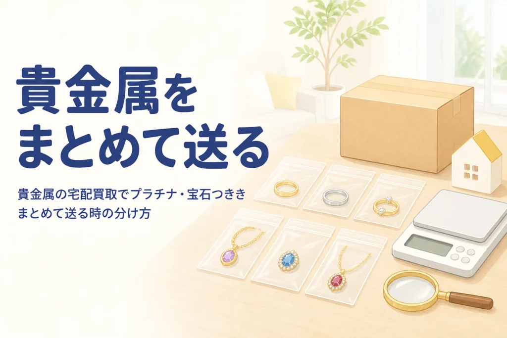 貴金属の宅配買取でプラチナや宝石つきのジュエリーをまとめて送る時の分け方を紹介する記事のアイキャッチ