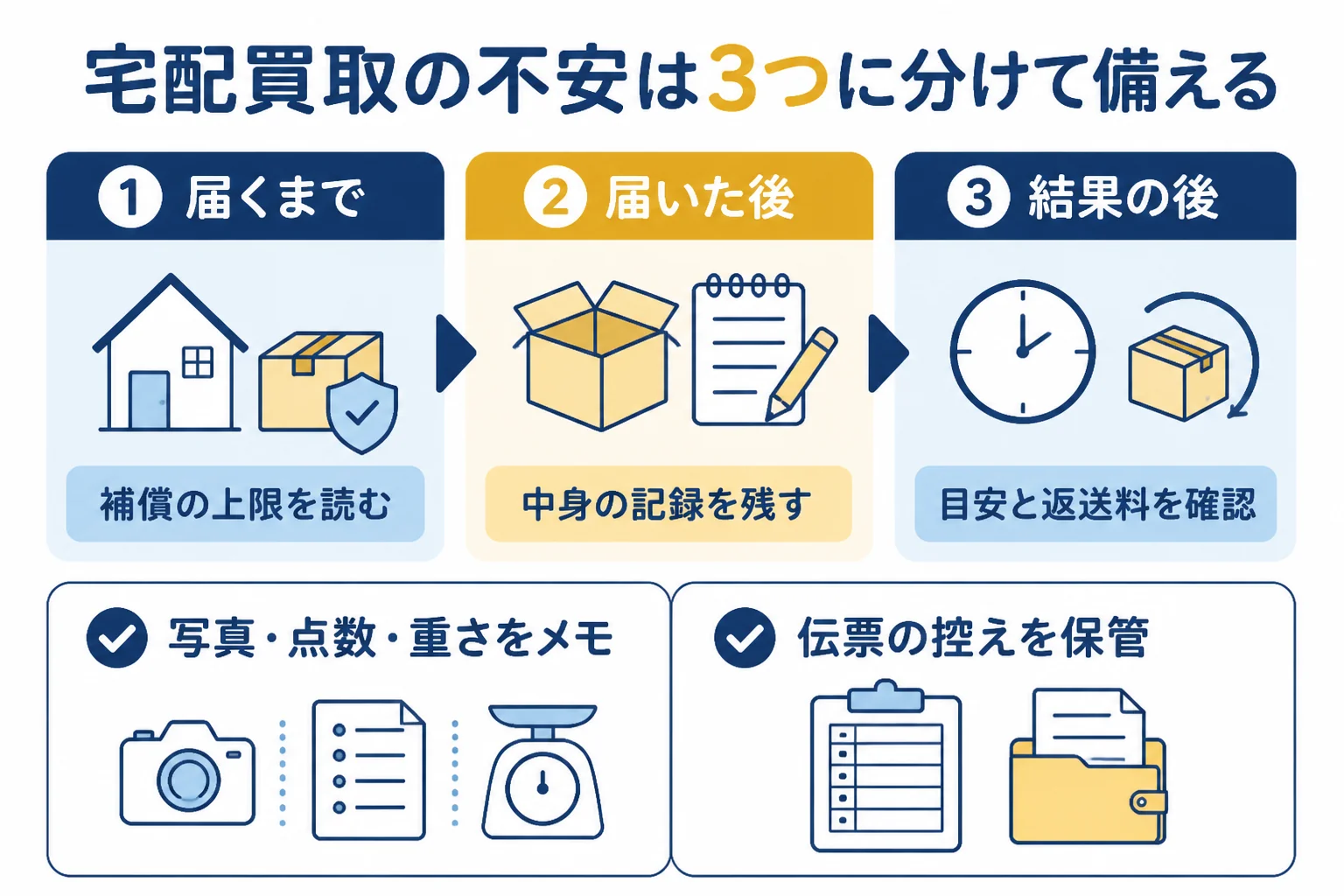 宅配買取の不安を3つに分けた備え方の図解