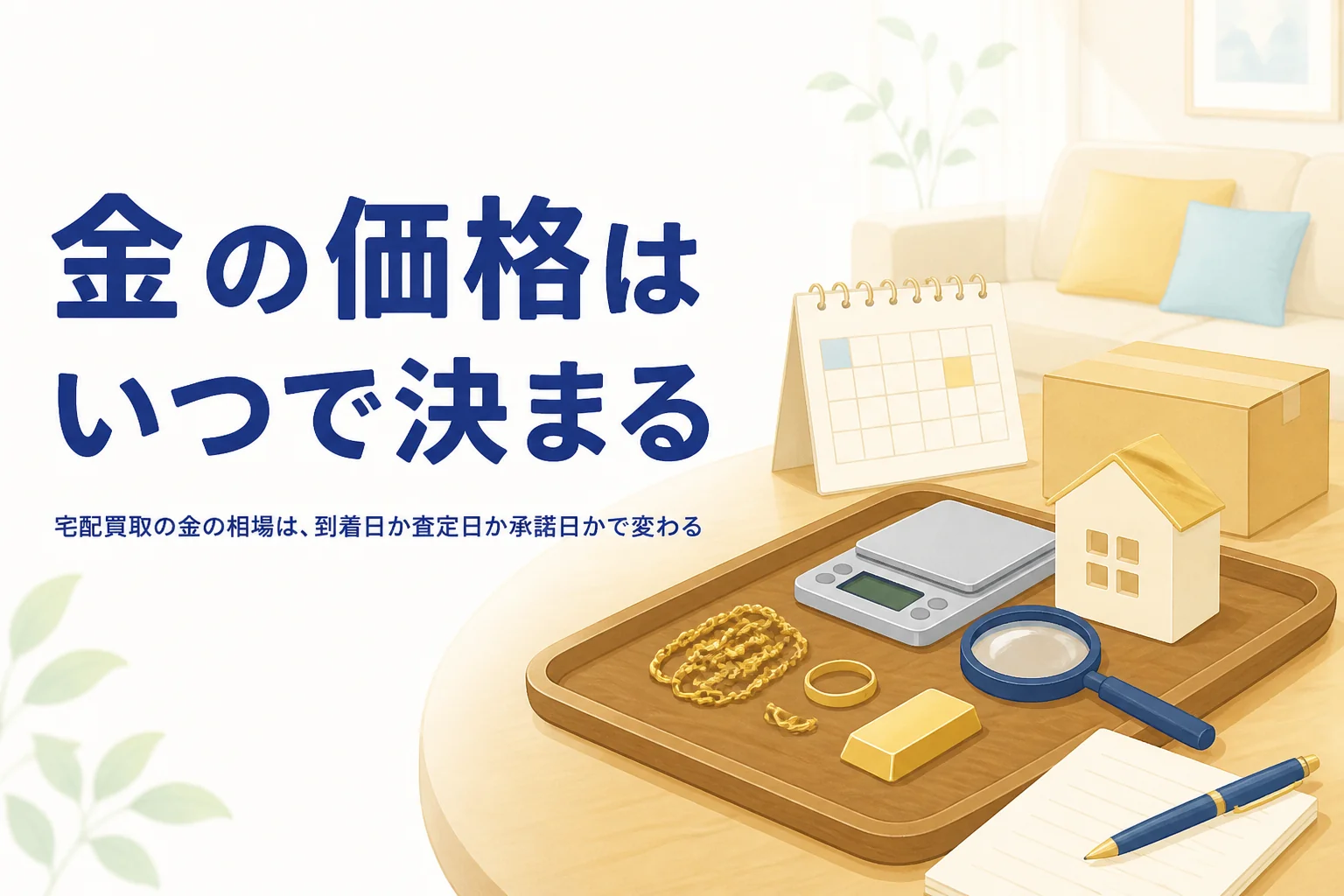 宅配買取で金の相場がいつの価格になるかを考えるイメージのイラスト
