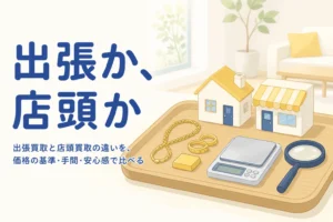 出張買取と店頭買取の違いを比べる記事のアイキャッチ。家と店の形の置物の間に金のネックレスと指輪がある