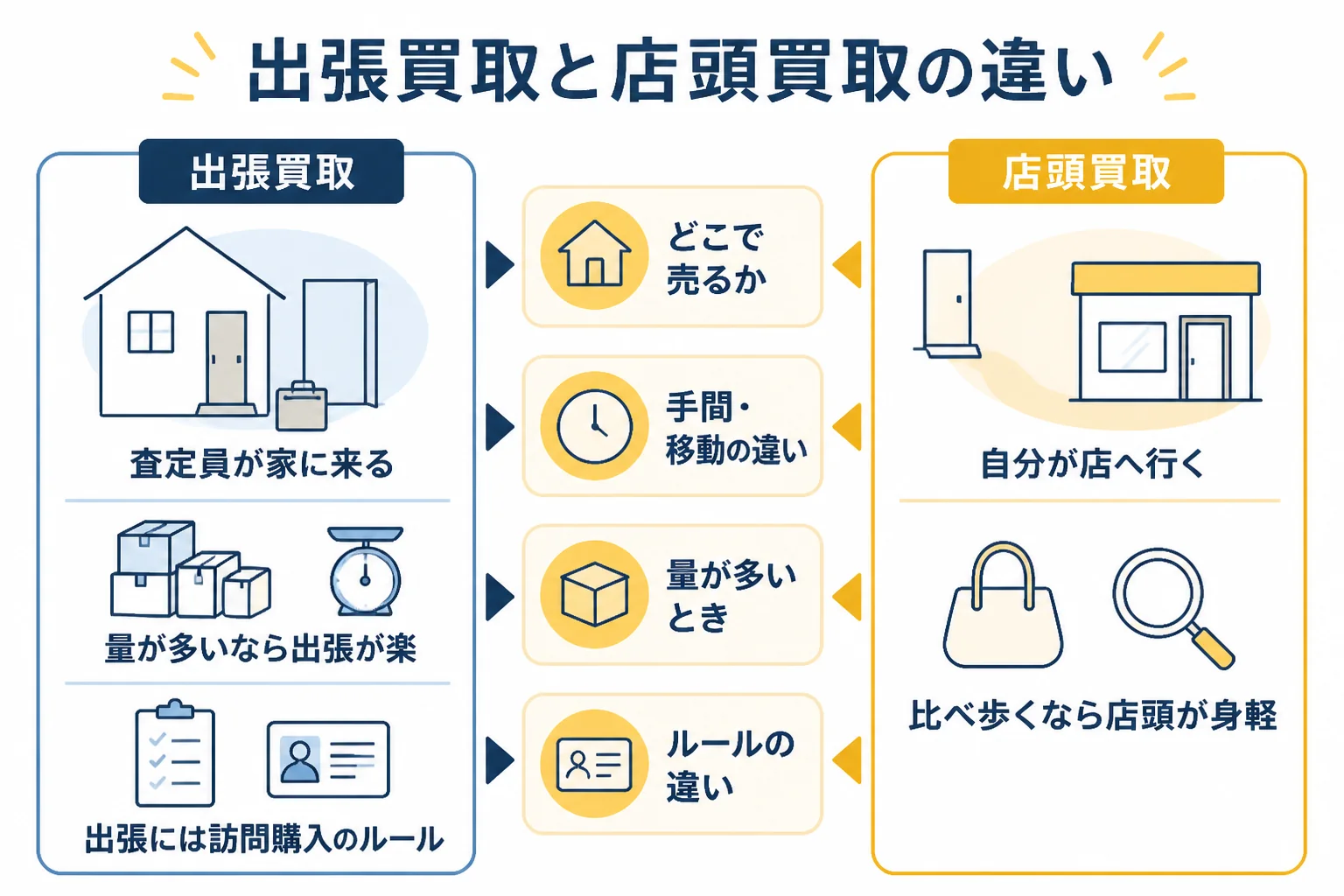 出張買取と店頭買取の違いを、動く人・予約・量・比べやすさ・ルールで並べた図解